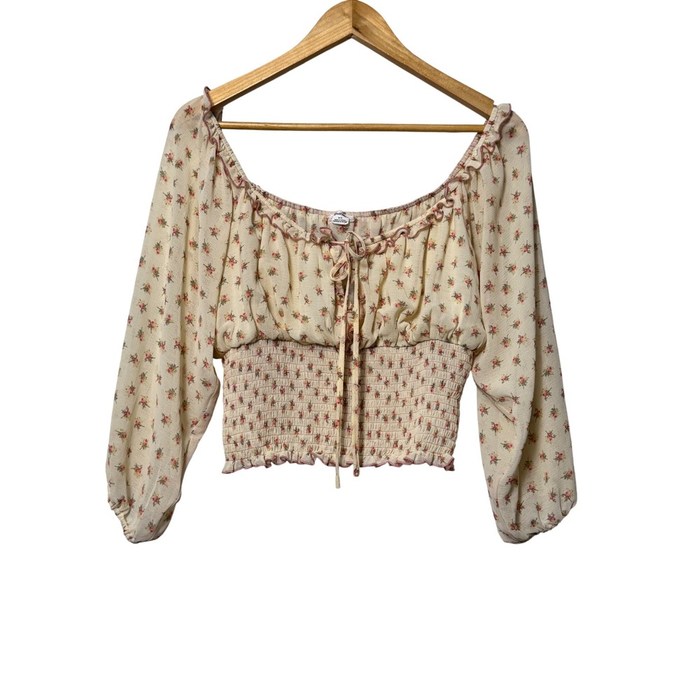 Kimchi Blue Floral Smocked Crop Top Cream Pink Rose Balloon Sleeve Medium